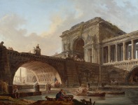 Hubert Robert (Par&iacute;s, 1733-1808). Capricho arquitect&oacute;nico con puente y arco triunfal, 1768 (Architectural Caprice with Bridge and Arch). &Oacute;leo sobre lienzo. 106 x 139 cm. Inglaterra, Co. Durham, The Bowes Museum. 