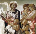 1495-96 Virgen con el ni&ntilde;o, san Juanito y cuatro &aacute;ngeles (Virgen de Manchester), temple sobre tabla, 104'5 x 77 cm., National Gallery, Londres [Detalle]