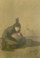 Isidre Nonell, Mujer cretina con ni&ntilde;o pidiendo limosna, 1895, dibujo a l&aacute;piz Cont&eacute;, color y pulverizado, 29 x 20 cm. Museu d’Art Modern de Barcelona