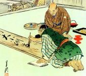 El Samurai Kanetsune realizando una caligraf&iacute;a (detalle). Grabado ukiyo-e. Obra de Gekko, 1903.  (Museo Oriental de Valladolid)