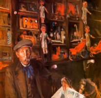 Joaquim Mir, Antoni Estalella Trinxet, padre pol&iacute;tico del artista en su tienda de Vilanova. &Oacute;leo sobre tela. 80,5 x 80,5 cm. Colecci&oacute;n R. Torrellas. Barcelona