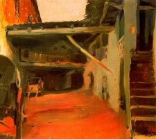 El pati de l'Hostal 1932. &Oacute;leo sobre tela. 61 x 71 cm. Colecci&oacute;n particular, Barcelona, Espa&ntilde;a