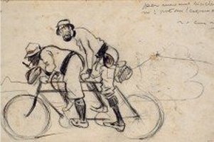 Dibujo preparatorio para el cuadro Ramon Casas y Pere Romeu en un t&aacute;ndem, ca 1897, 21'5 x 31'6 cm.