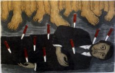 Naum B. Zenil. Punta seca, aguatinta, xilograf&iacute;a y color. ‘Sin t&iacute;tulo (El muerto)’ 