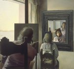 Dal&iacute; de espaldas pintando a Gala  eternizada por seis c&oacute;rneas virtuales provisionalmente reflejadas por seis verdaderos espejos, hacia 1972-73