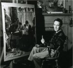 1951 Norman en su estudio en Vermont, posando con su obra La bendici&oacute;n de la mesa