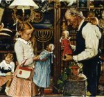 1948, 3 de abril,  D&iacute;a de los Inocentes: ni&ntilde;a con tendero,  ilustraci&oacute;n para la portada de "Saturday Evening Post". &Oacute;leo sobre lienzo, Stockbridge, MA, The Norman Rockwell Museum [Detalle]