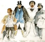 'Aleix Clap&eacute;s, Hermenegildo Miralles, Joaquim Mir y Eliseo Meifr&eacute;n' , acuarela y carb&oacute;n sobre papel,  35 x 43,5 cm. [Detalle]