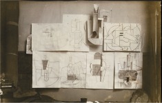 Installation in the artist's studio at 242, boulevard Raspail Paris, December 9, 1912, or later. Gelatin silver print, 3 3/8 x 4 1/2" (8.6 x 11.5 cm). Private collection. Photo: Objectif 31. &copy; 2011 Estate of Pablo Picasso/Artists Rights Society (ARS), New York