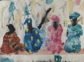 Miquel Barcel&oacute;, 4 Femmes Assises, Afrique, (4 Seated Women, Africa), 2005, Mixed media on paper, 58 x 78 cm