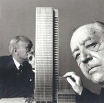 Mies van der Rohe and Philip Johnson Con la maqueta del Seagram Building, 1955. Fotograf&iacute;a de Irving Penn