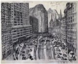 Primer boceto para la maqueta de la ciudad, con la iglesia g&oacute;tica dominada por rascacielos.