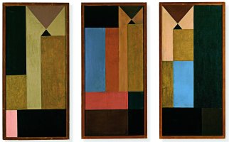 Sophie Taeuber-Arp, Tr&iacute;ptico, 1918. &Oacute;leo y oro sobre lienzo, montado sobre cart&oacute;n 112 x 53 cm (cada panel). Kunsthaus Z&uuml;rich. Donaci&oacute;n de Jean Arp, 1958. &copy; Kunsthaus Z&uuml;rich. &copy; Sophie Taeuber-Arp, VEGAP, M&aacute;laga 2009