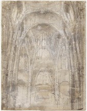 Dibujos realizados a carboncillo, acuarela y gouache sobre fotograf&iacute;a heliogr&aacute;fica, perspectiva interior y exterior de la iglesia