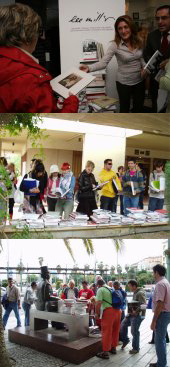 Tres momentos del d&iacute;a de ayer de la Biblioteca Errante. Libros viajeros por m&aacute;laga