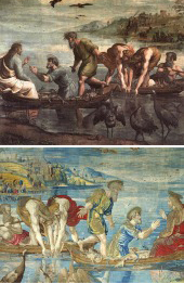 El cart&oacute;n y el tapiz de la escena 'La pesca milagrosa'.